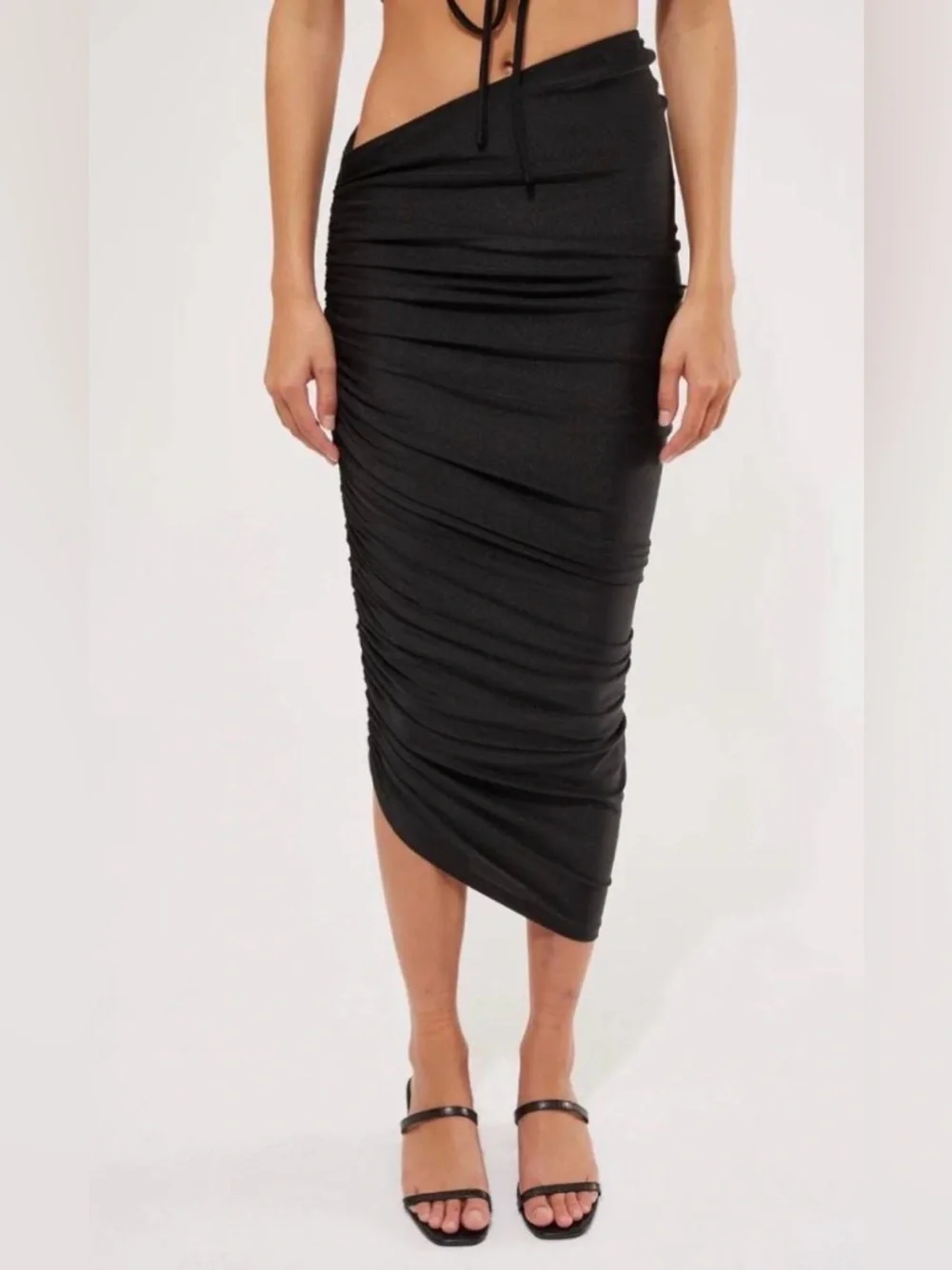 Lioness Black Ruched Asymmetric Midi Skirt - Picture 1 of 5